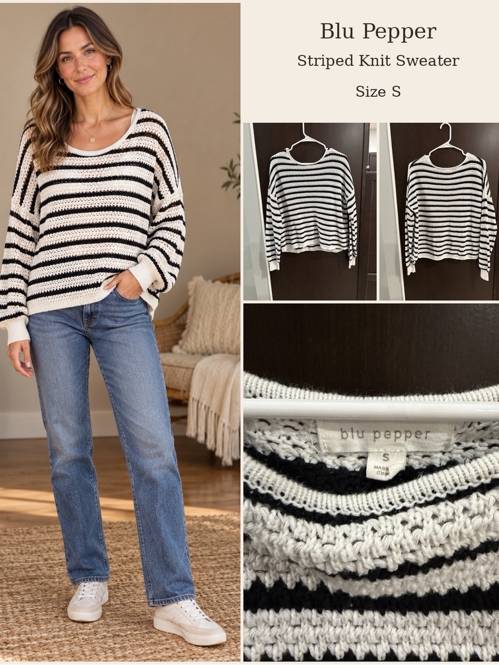 Blu Pepper Black and White Striped Crewneck Sweater